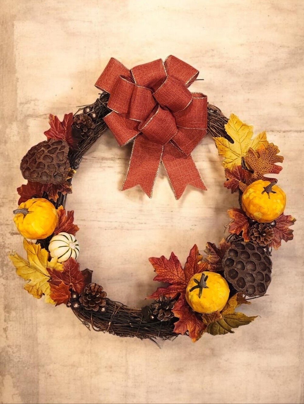 Rustic Grapevine Fall Wreath with Autumn Leaves Gourds Pinecones
